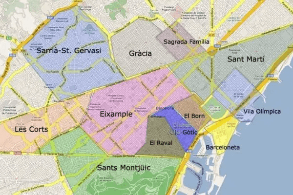 Main neighborhoods map in Barcelona